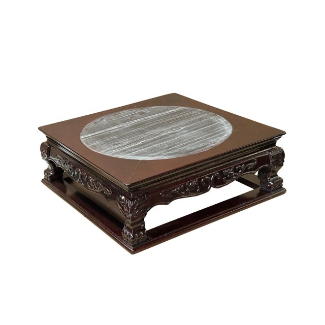 The Chinese Brown Wood Square Stone Top Vase Stand Display Riser is a stunning piece of decorative furniture that exudes...