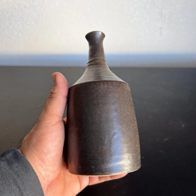 Mid-Century Modern Scandinavian Modern Pottery Vase, Dark Brown, 1960s, 6.75" Tall For Sale - Image 3 of 11