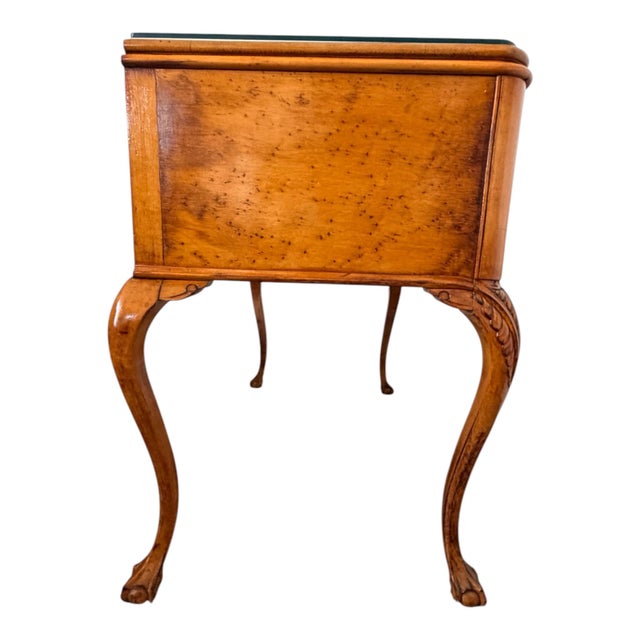 Vintage 1930s Queen Anne Style Burl Wood Writing Desk With Beveled Glass Top For Sale - Image 12 of 17