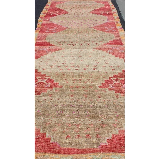 Vibrant Hand Knotted Turkish Vintage Runner in Faded Red, Coral, Orange, Pink and Green For Sale - Image 11 of 13