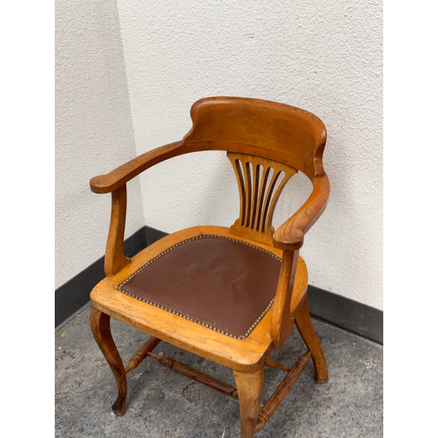 Early 20th Century Captain’s Oak + Leather Armchair, Antique For Sale - Image 5 of 9