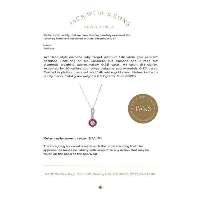 Metal Art Deco Style Diamond Ruby Target Platinum 14k White Gold Pendant Necklace For Sale - Image 7 of 7
