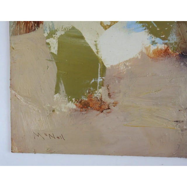 Vintage circa 1960's mixed media abstract expressionist painting on masonite. Signed McNeil lower left corner, heavy...