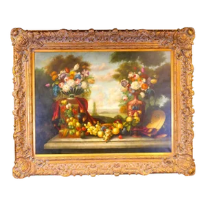 Extra Large Gilt Wood Frame Oil / Canvas Flowers / Fruits Still Life Painting