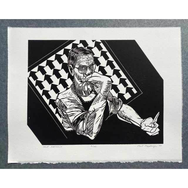 1995 self portrait linocut by Kent Kapplinger. Pencil signed, titled, dated and numbered 8 of 65. Kent Kapplinger is an...