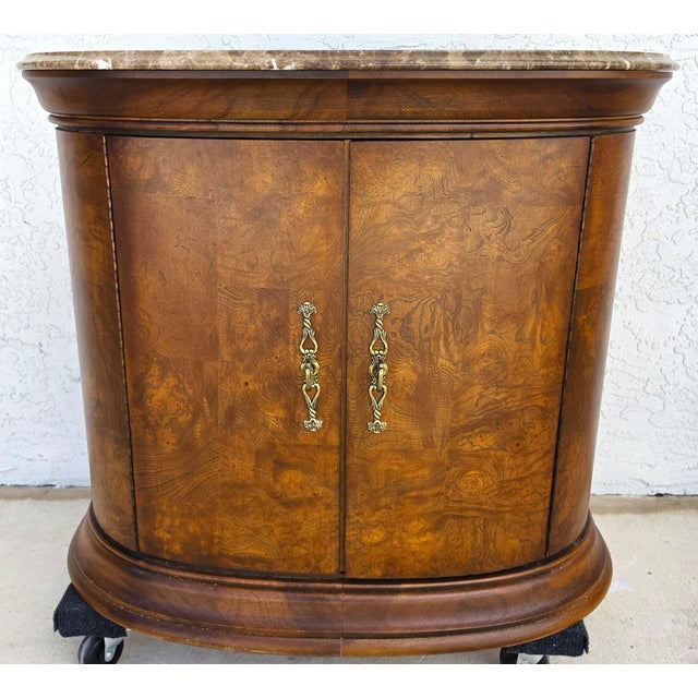 English Thomasville Elysse Marble Top Accent Bar Cabinet Center End Table Burl Finish For Sale - Image 3 of 15