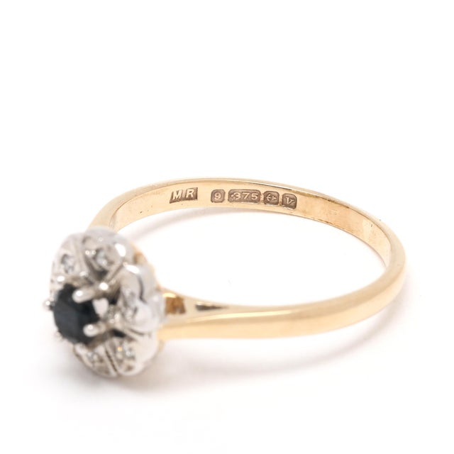 1940s 0.23ctw Sapphire & Diamond Flower Ring, 9k Yellow & White Gold, Ring Size 6 For Sale - Image 4 of 7