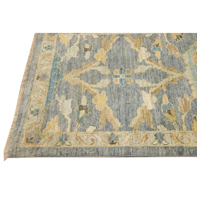 Blue Modern Sultanabad Handmade Floral Long Wool Runner For Sale - Image 4 of 10