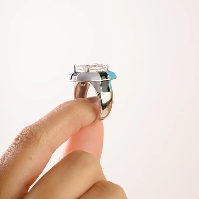 Blue Sparkling Sterling Silver Enamel & Crystal Unisex Statement Ring by Carat&her- Size 6 For Sale - Image 8 of 12