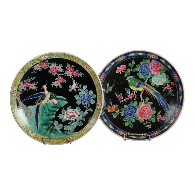 Pair of Antique Chinese Enameled Chargers with Birds C1920 For Sale