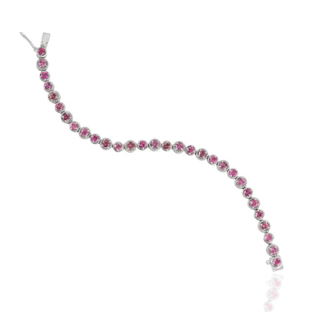 Metal 8.23 Ct Natural Pink Tourmaline Milgrain Eternity Tennis Bracelet in 925 Silver For Sale - Image 7 of 14