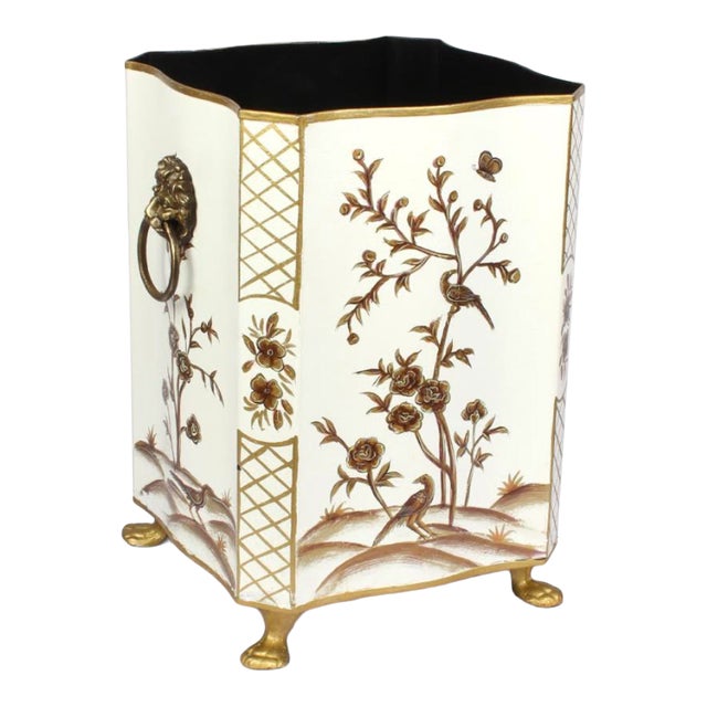 Chinoiserie Scalloped Wastepaper Basket in Ivory/Gold For Sale