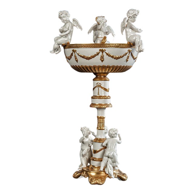 Italian Neoclassical Porcelain Cherub Compote With 24-Karat Gold Accents For Sale