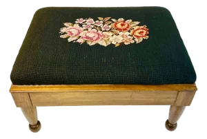 1970s Americana Folk Art Hollywood Regency Needlepoint Footstool