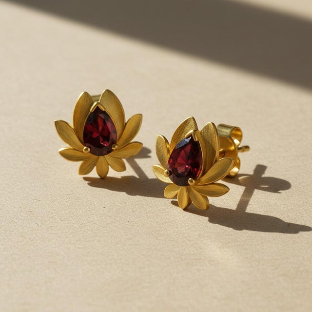Pear-Cut Garnet Lutus Flower Earrings Studs, Silver, Gold, Pair For Sale - Image 4 of 6