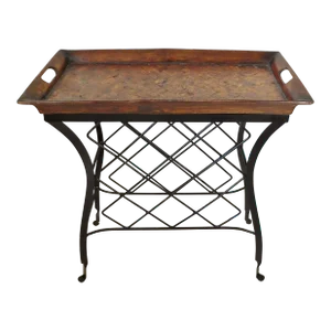 Vintage C1980s Black Wrought Iron Mahogany Wood Removable Tray Table Bar or Plant Stand