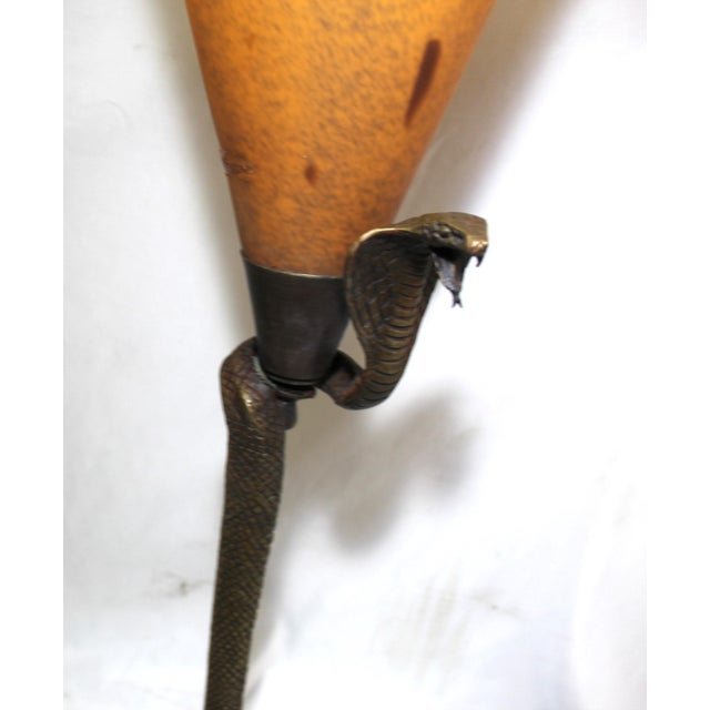 A very rare find of Snake Lamps cast in Bronze, and with French signed (Vianne) Orange (pat de verrier) glass. Shade is 7"...