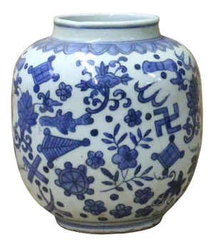 Chinese Oriental Blue White Flower Graphic Ceramic Container Jar