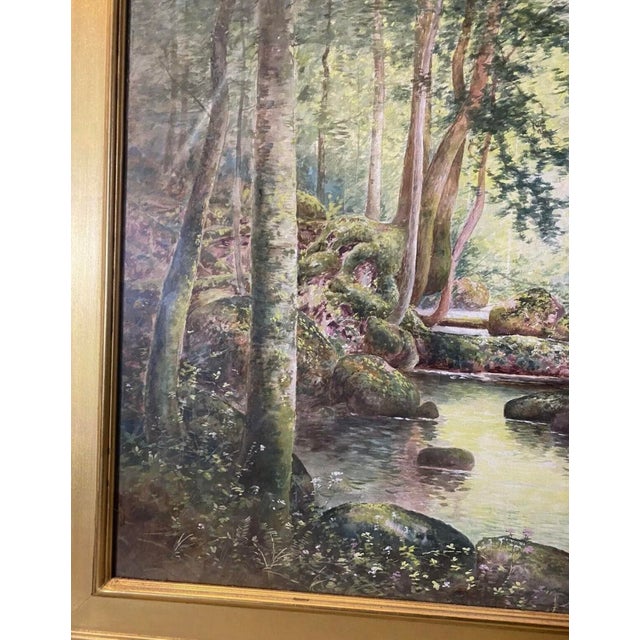 Paper Mid 20th Century Arts & Crafts Style Watercolor Painting of Forest & Stream Landscape Signed, Framed For Sale - Image 7 of 10