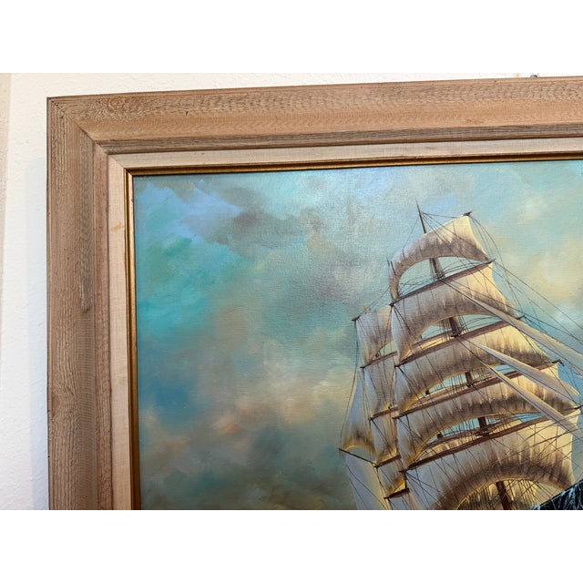 A powerful and dramatic original oil painting depicting a majestic clipper ship cutting through rolling ocean waves under...