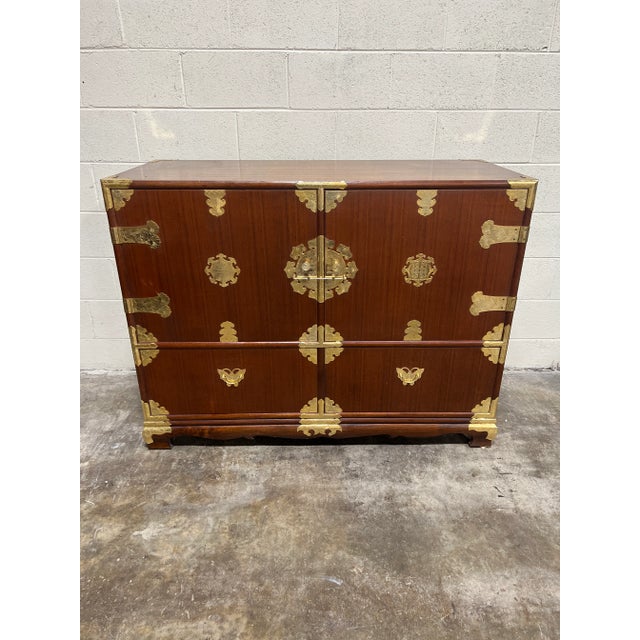 Large Vintage Teak & Brass Korean Style Chest Buffet Bar For Sale - Image 13 of 13