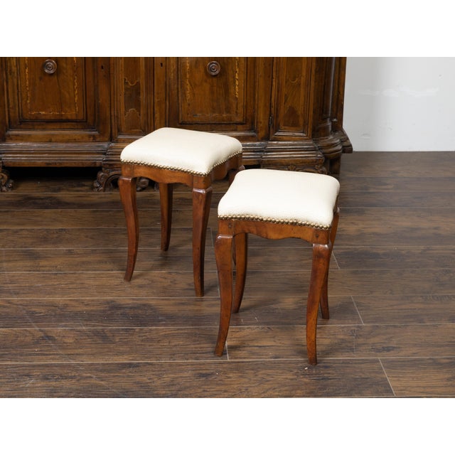 Pair of 19th Century Italian Walnut Stools with Cabriole Legs and New Upholstery For Sale - Image 4 of 7
