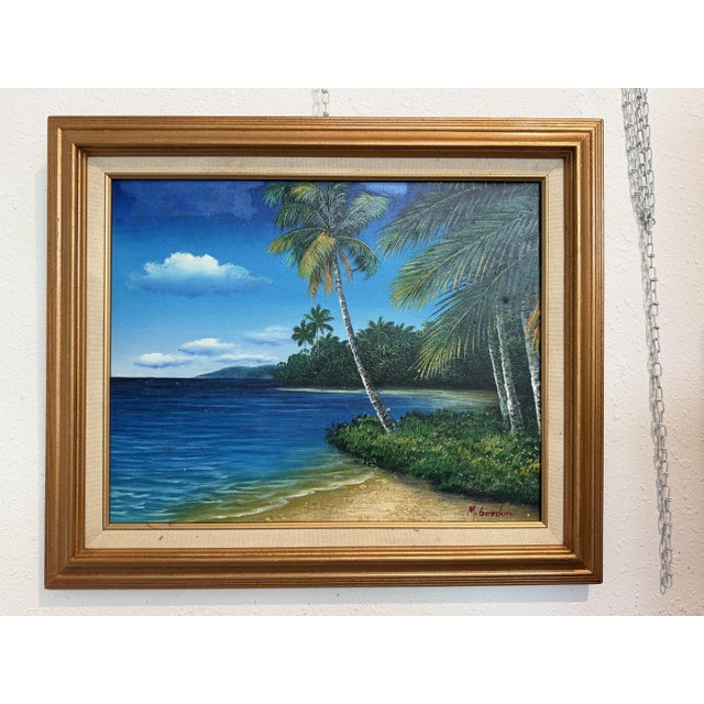 This beautiful oil on canvas painting depicts a serene tropical beach scene, featuring gently curving shoreline, crystal-...