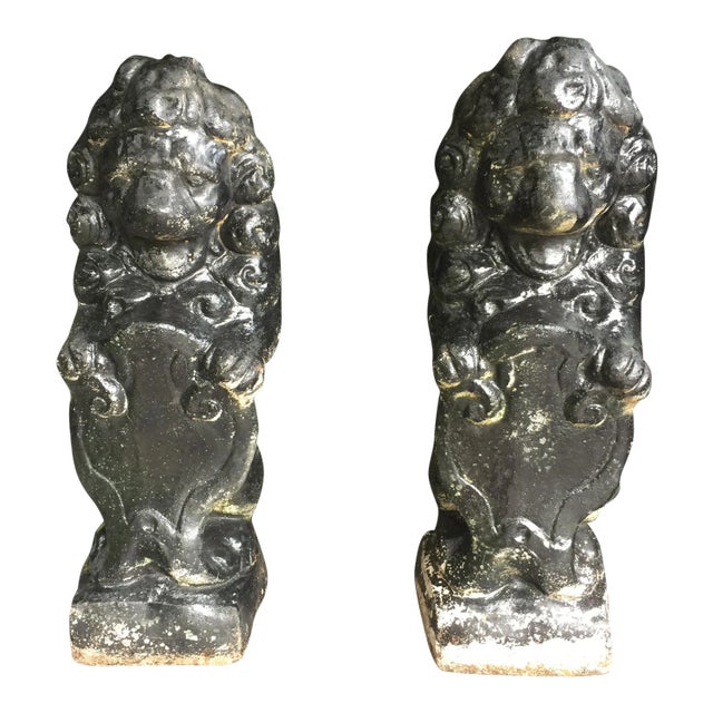 Vintage Black Stone Lion Foo Dogs - A Pair For Sale