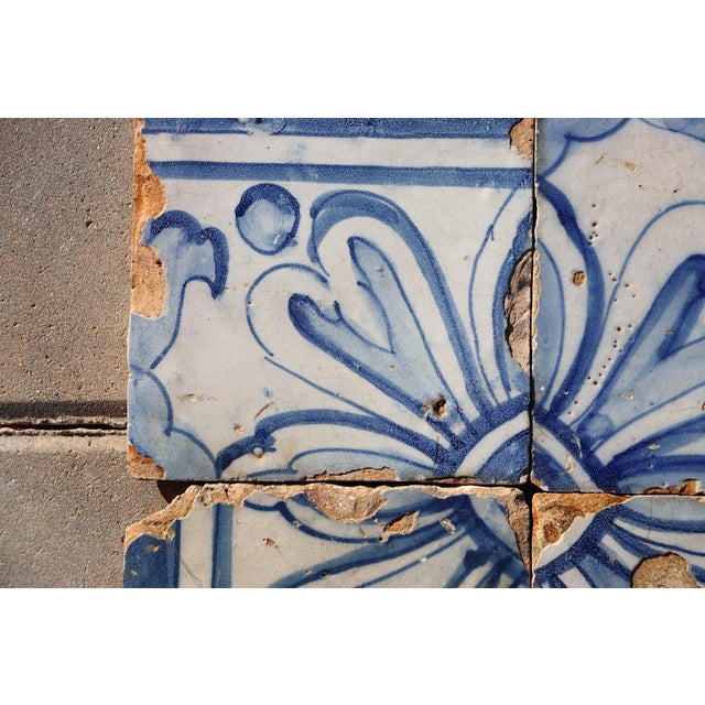 18th Century Portuguese Set of Four Tiles Blue & White Floral Geometric Panel Antique Hand Painted For Sale - Image 6 of 10