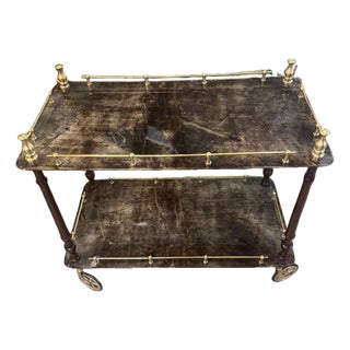 Italian Mid-Century Two-Tier Bar Cart in Goatskin Parchment & Brass, Circa 1960s For Sale