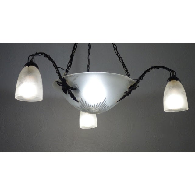 Antique Art Nouveau French Metal and Glass 4-Light Chandelier, 1890s For Sale - Image 9 of 10