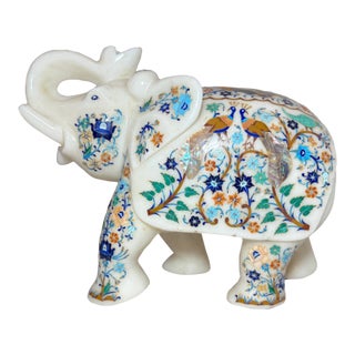 Large Vintage Inlaid White Marble Marquetry Stone Elephant Statue Sculpture 17Lbs For Sale
