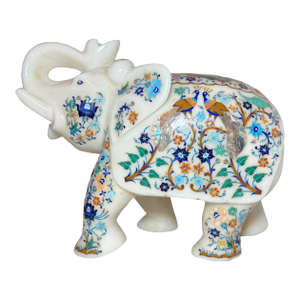 Large Vintage Inlaid White Marble Marquetry Stone Elephant Statue Sculpture 17Lbs