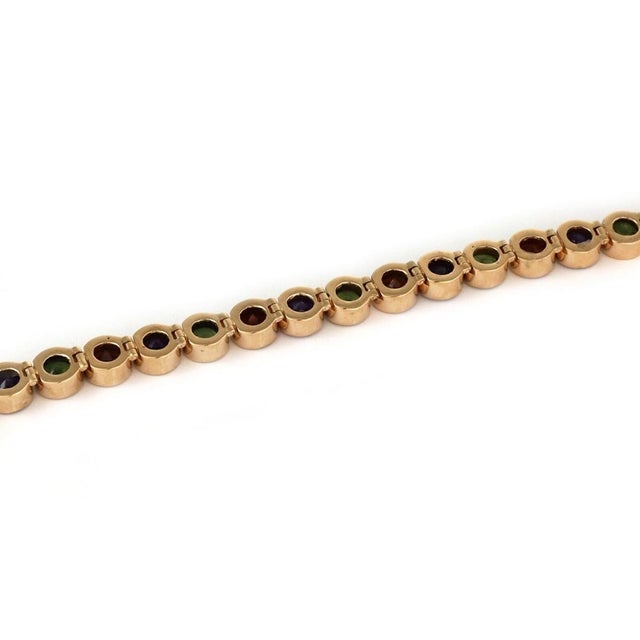 Mid 20th Century Mid 20th Century Multi-Color Bezel Set Round Gems 14k Yellow Gold Link Bracelet For Sale - Image 5 of 7