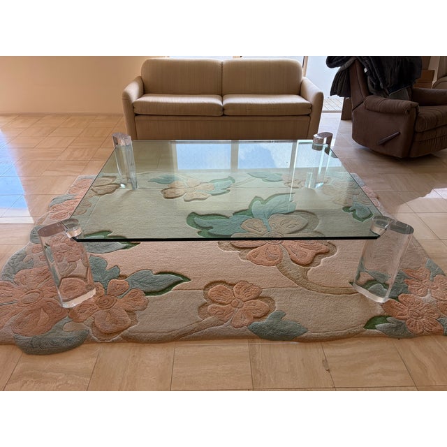 Large Karl Springer Lucite Leg Coffee Table, glass top is 0.75 thick. Glass top without legs is 53.75" by 65.50". The...