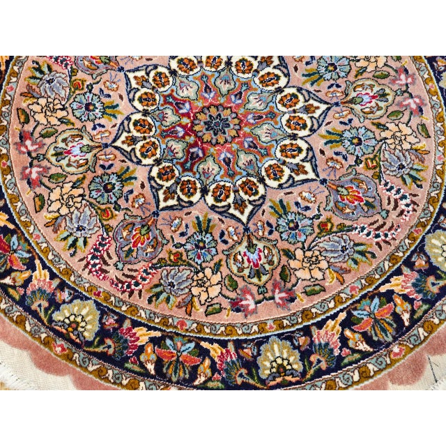 Vintage Persian Tabriz Round Rug, Hand-Knotted Wool & Silk, Floral Pattern, 3' Round, Pale Pink & Navy For Sale - Image 4 of 6