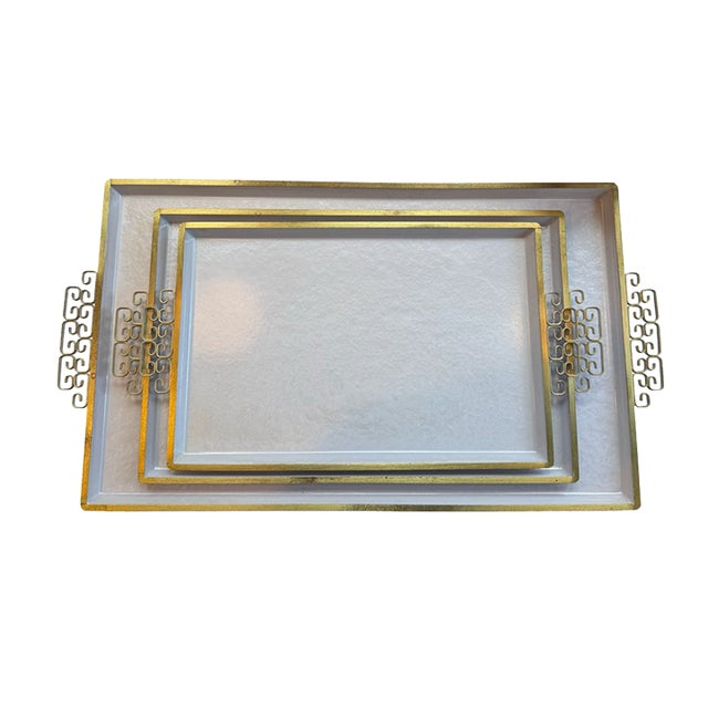 Mid-Century Kyes Moiré Glaze White Greek Key Serving Trays — Set of 3 For Sale