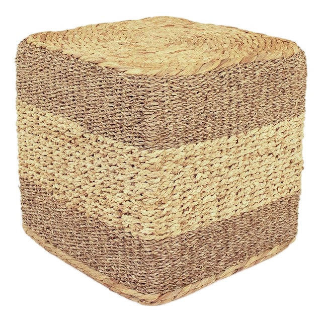 Woven Water Hyacinth Stripe Cube Ottoman For Sale
