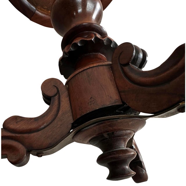 Mid 19th Century Victorian Revolving Piano Stool on Turned Carved Column with Triple Scroll Support and Leather Top, 1860s For Sale - Image 5 of 15
