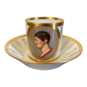 Antique Early 19th Century French Empire Paris Porcelain Coffee Can Cup and Saucer With Classical Portrait