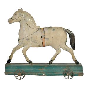 Antique Folk Art Running Horse Pull Toy on Wheels, Circa 1900