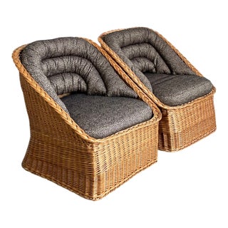 Vintage Woven Rattan Lounge Chairs - A Pair For Sale