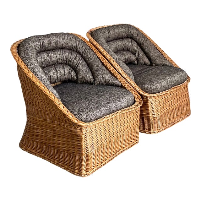 Vintage Woven Rattan Lounge Chairs - A Pair For Sale
