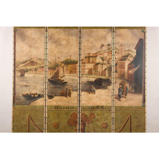 Vintage Four-Panel Painted Screen Depicting Macau Harbor, 1855 For Sale - Image 9 of 17