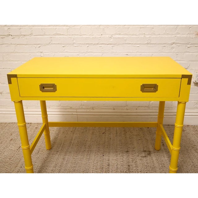 Vintage Hollywood Regency Yellow Campaign Writing Desk For Sale - Image 10 of 11