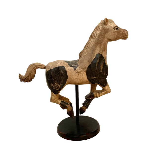 Folk Art Vintage Hand-Carved Painted Horse Figurine on Stand – Western Folk Art Decor For Sale - Image 3 of 6