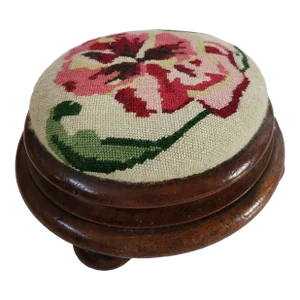 Late 19th Century Victorian Round Needlepoint Footstool by W. Richardson & Co of Darlington