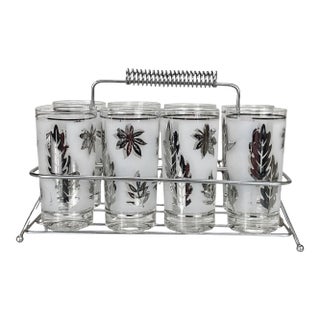 Mid-Century Modern Silver Foliage 8-Glass Bar Caddy by Libbey For Sale