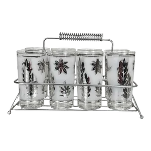 Mid-Century Modern Silver Foliage 8-Glass Bar Caddy by Libbey