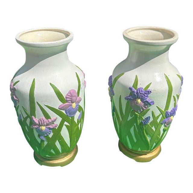 Pair of Handmade Floral Ceramic Vases For Sale
